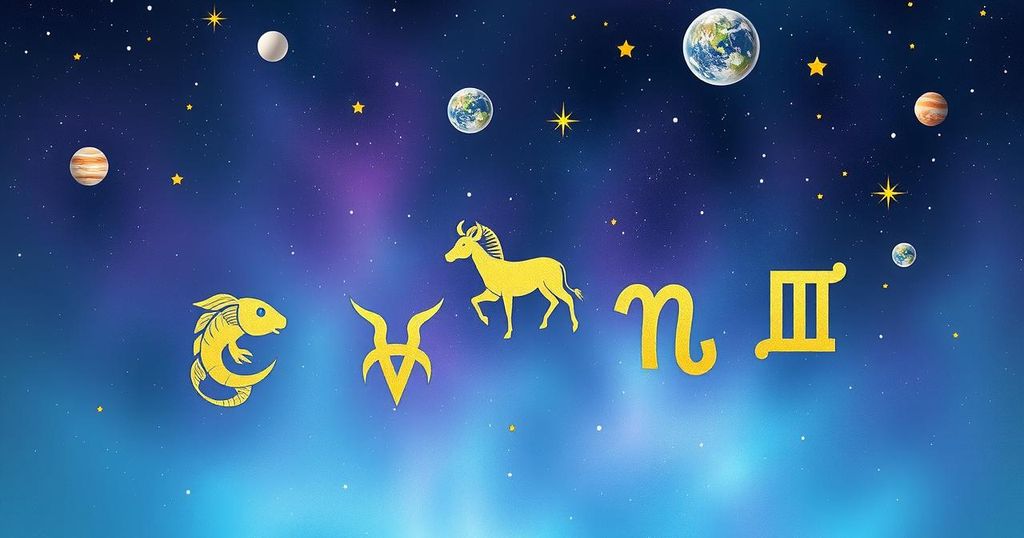 Five zodiac symbols representing Pisces, Taurus, Aries, Leo, and Virgo against a cosmic backdrop of stars and planets.
