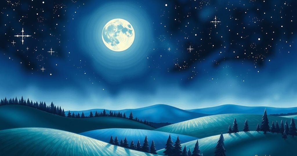 A serene night sky with a vibrant supermoon in Gemini illuminating a tranquil landscape, embodying astrological energies.