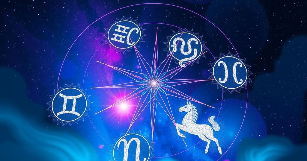 Astrological symbols representing various zodiac signs with vibrant cosmic background.