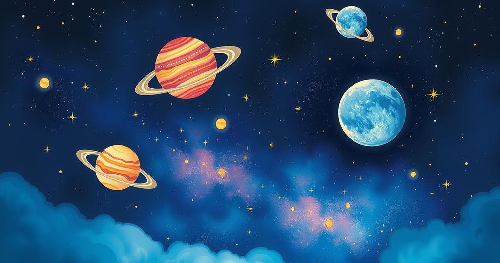 A serene cosmic landscape featuring planets and stars, evoking creativity and intuition in a dreamy style.