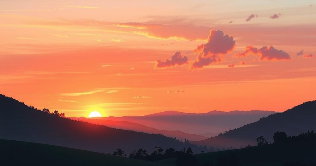 A serene landscape with a majestic sunrise, vibrant colours reflecting morning light, evoking peace and potential.