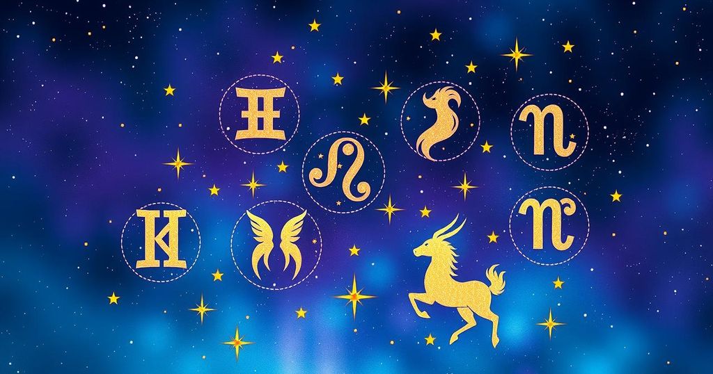 Astrological symbols and zodiac signs on a starry background, with celestial colors and mystical elements.