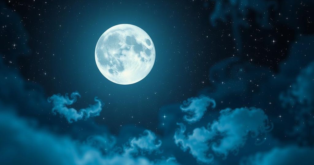 A celestial scene featuring the full moon surrounded by zodiac symbols.