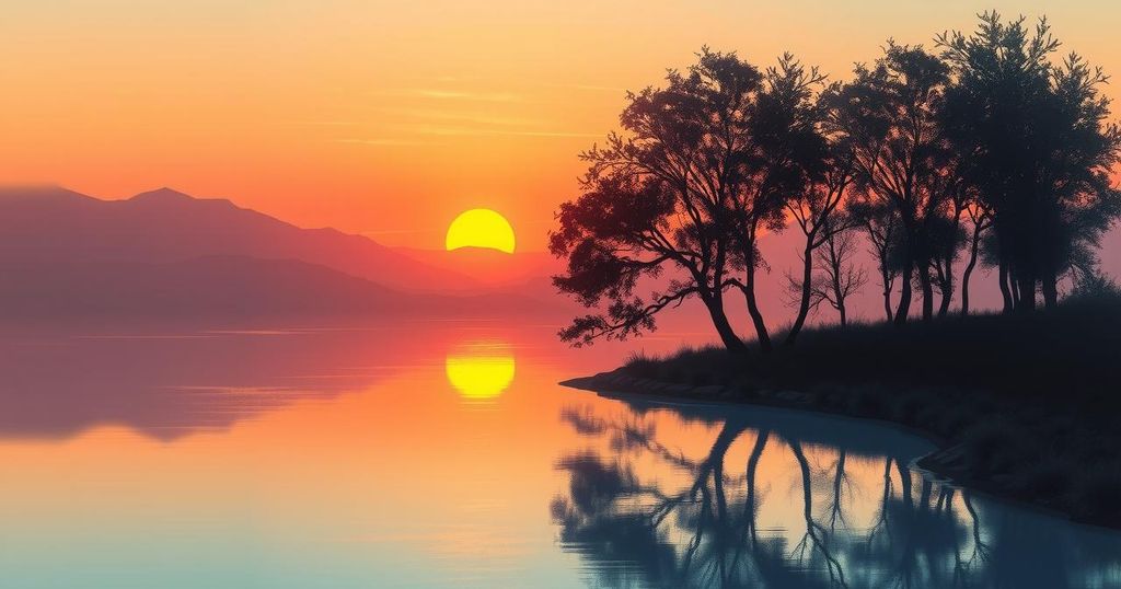 A tranquil sunset over a serene landscape with silhouettes of trees and a peaceful river, evoking love and harmony.