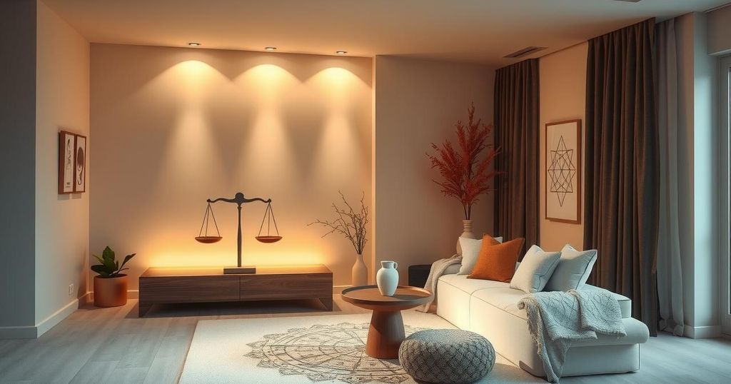 A serene home scene with soft lighting, warm tones depicting comfort and harmony, symbolising daily life for Libra.