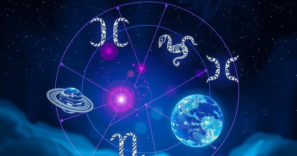 A cosmic illustration showing zodiac symbols amidst stars and planets with a mystic glow.