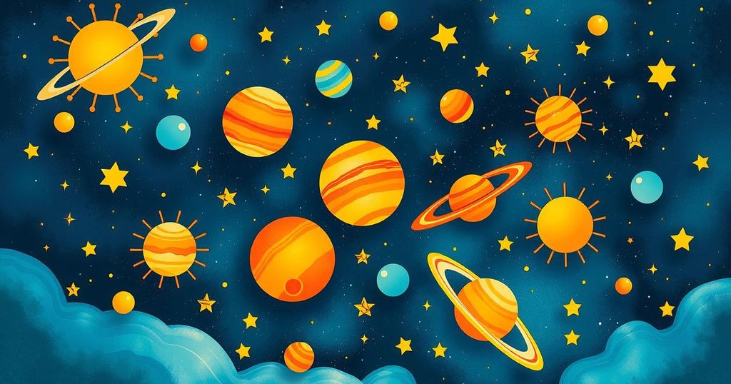 A cosmic illustration with zodiac symbols in vibrant colours, featuring planets aligned in harmony and playful energy.