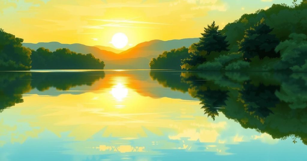 A serene landscape showing a rising sun over a tranquil lake, symbolizing personal growth and authority.