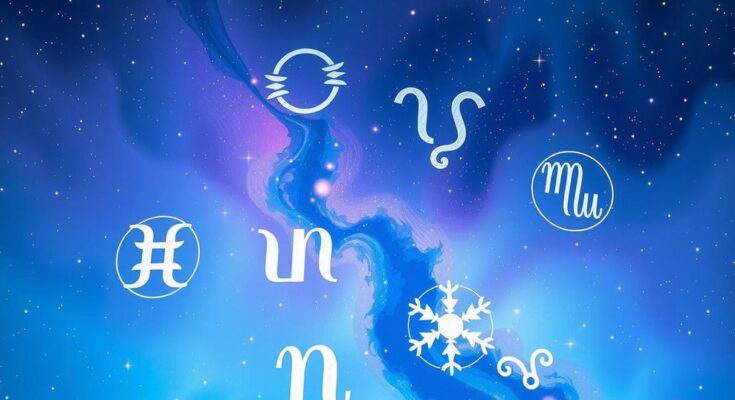 Astrological symbols on a cosmic backdrop, featuring soft blues and purples, representing daily horoscopes for insights.