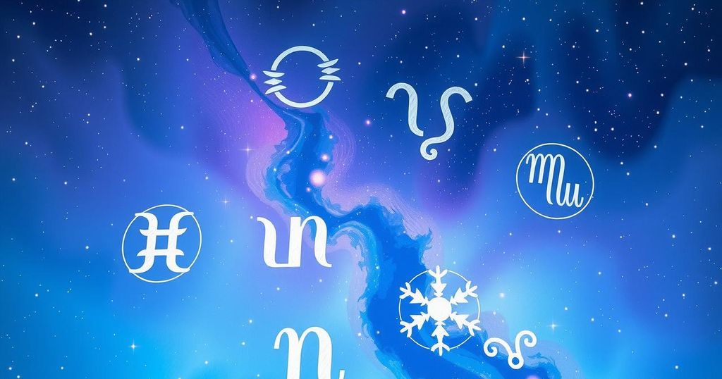 Astrological symbols on a cosmic backdrop, featuring soft blues and purples, representing daily horoscopes for insights.