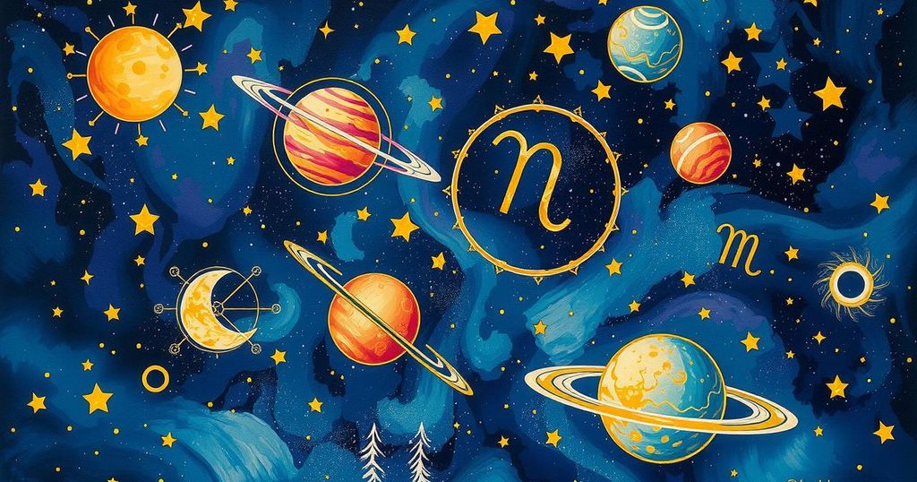 A cosmic scene with zodiac symbols, stars, and planets, showcasing creativity and transformation in vibrant colours.