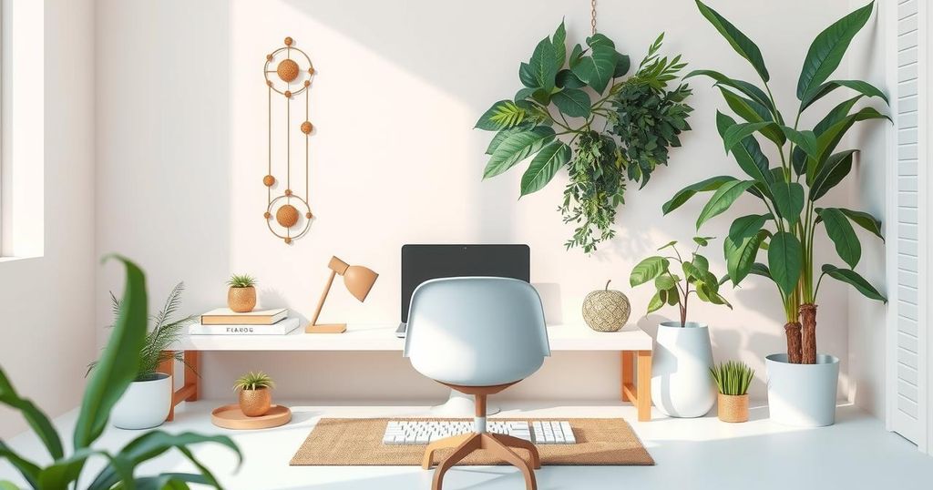 A serene workspace with plants and astrological symbols, calming colours promoting focus and tranquility for creative flow.