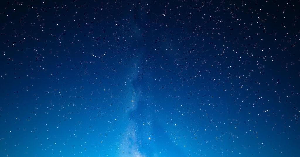 A serene starry night with a vibrant constellation representing Sagittarius, reflecting communication and personal growth.