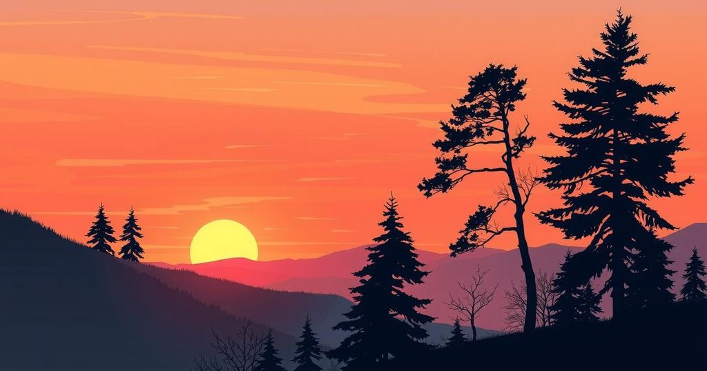 A serene landscape with a calming sunset, featuring mountains and trees, representing balance and introspection.