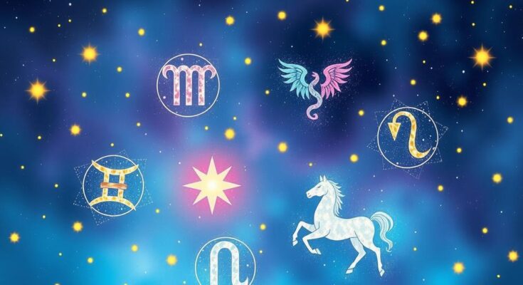 Five zodiac signs symbolised by celestial elements and vibrant colours representing positivity and creativity in astrology.