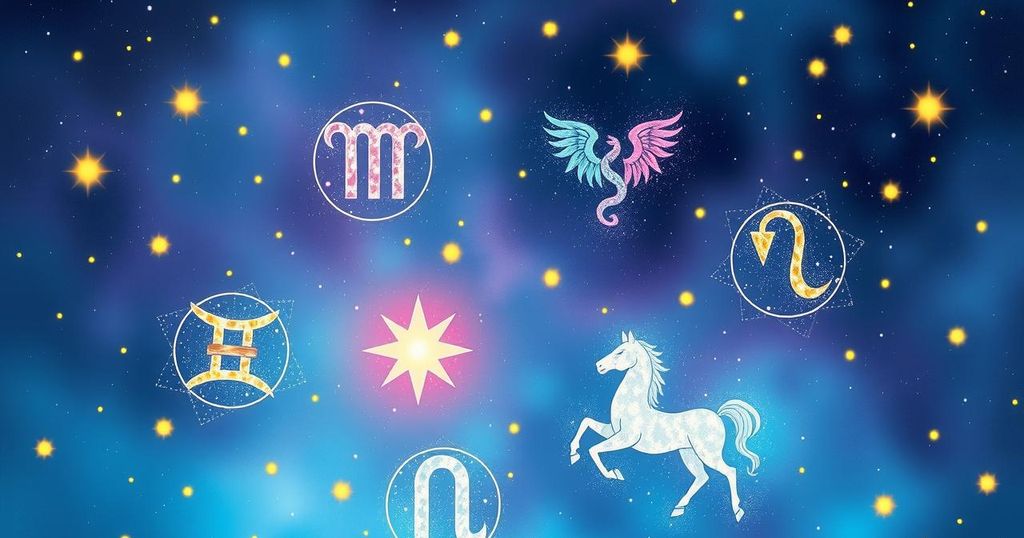 Five zodiac signs symbolised by celestial elements and vibrant colours representing positivity and creativity in astrology.