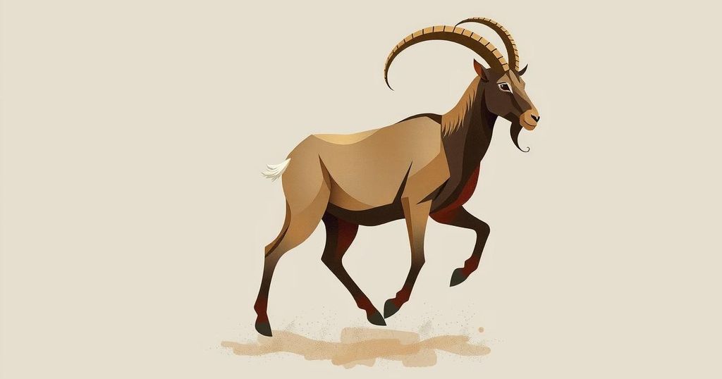 Abstract representation of Capricorn attributes in earthy tones, showcasing a mountain goat against a grey background.