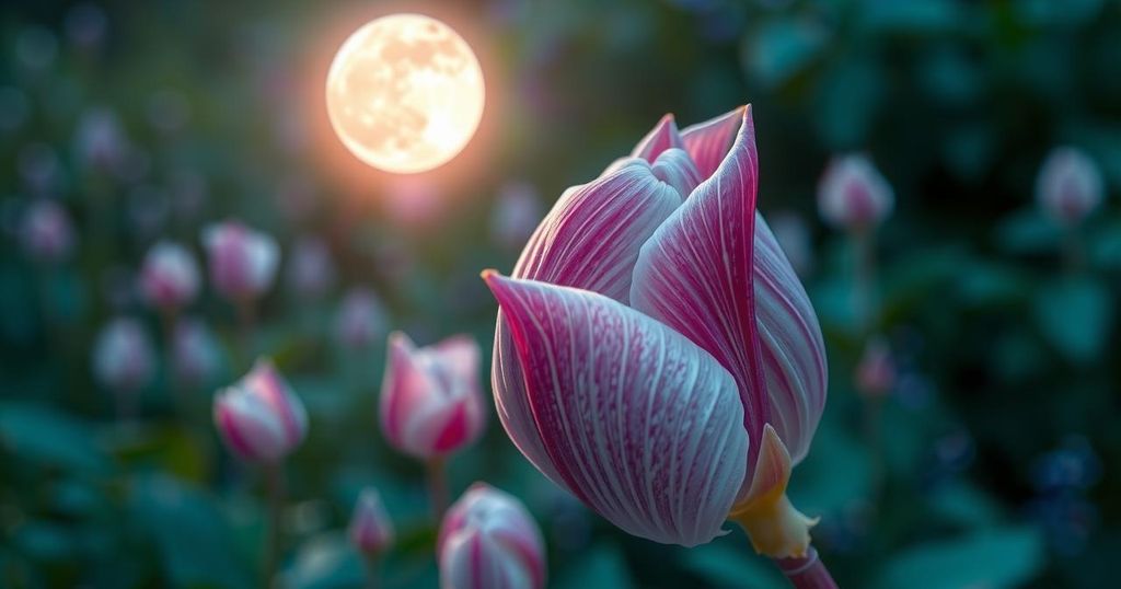 A radiant flower bud unfurling under a full moon, symbolising love and transformation in a serene night setting.
