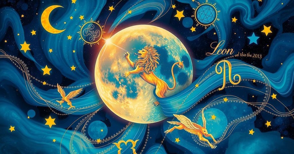 Celestial design with zodiac symbols, vibrant Leo moon theme, cosmic elements in vivid blues and golds.