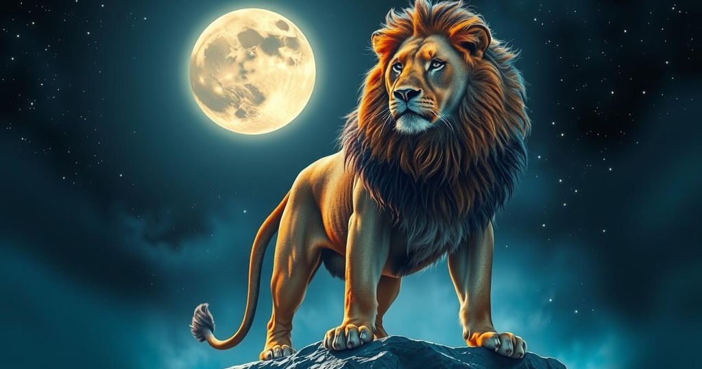 A vibrant lion with a celestial, starry background, glowing under a full moon, symbolising strength and inspiration.