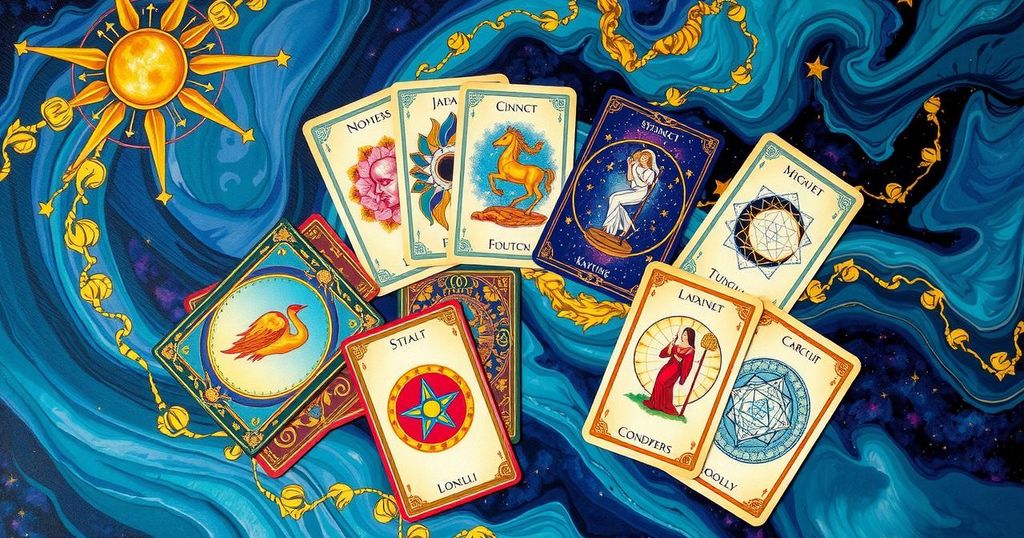 Tarot cards representing guidance for zodiac signs during Gemini season with a mystical, colourful backdrop.