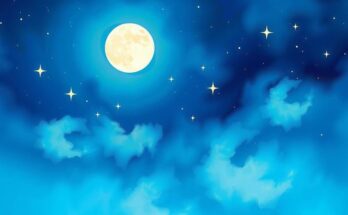 A serene celestial scene showcasing the moon in a starry night sky, conveying creativity and social harmony