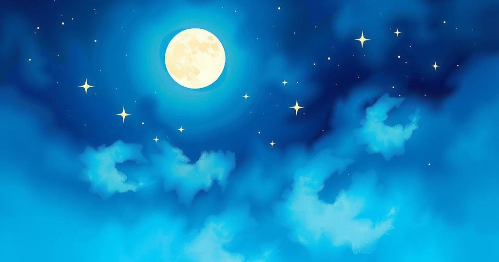 A serene celestial scene showcasing the moon in a starry night sky, conveying creativity and social harmony