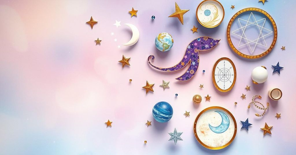 Astrological symbols and celestial elements in a harmonious galaxy setting, featuring soft pastel colours.