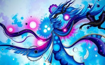 Abstract artwork representing zodiac signs with vibrant colours and dreamy motifs, reflecting astrological energies.
