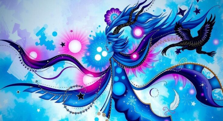 Abstract artwork representing zodiac signs with vibrant colours and dreamy motifs, reflecting astrological energies.