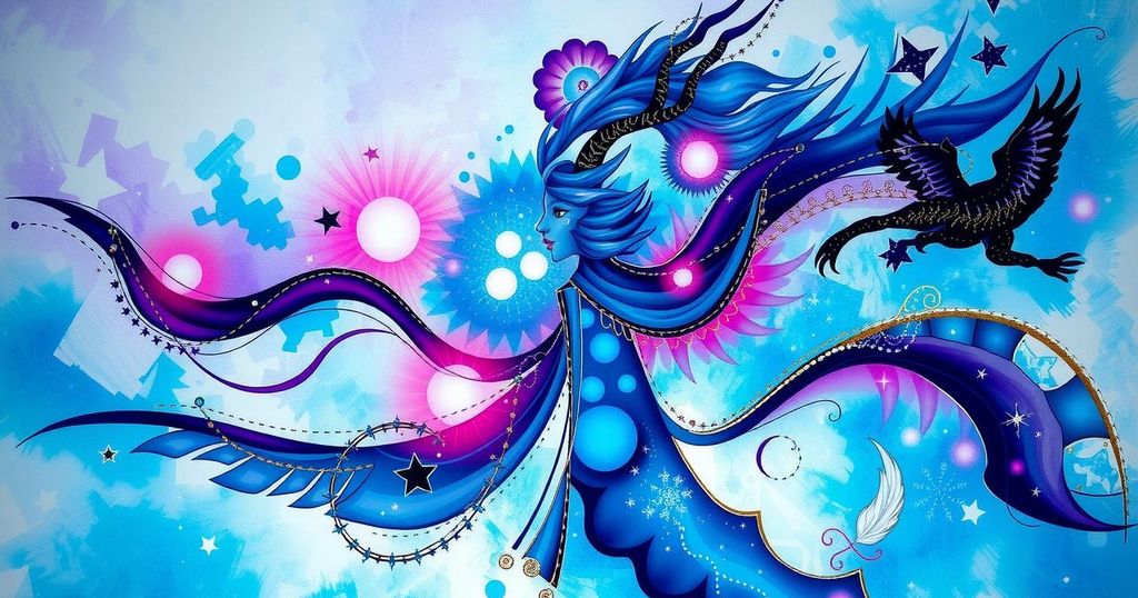 Abstract artwork representing zodiac signs with vibrant colours and dreamy motifs, reflecting astrological energies.