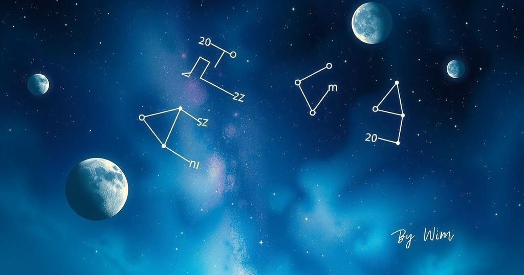 A celestial scene showing the influence of planets in a starry sky, with Gemini symbols and a new moon.