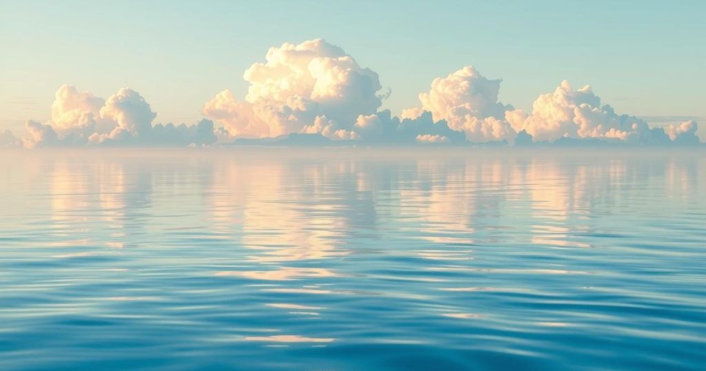A serene pastel scene featuring soothing water elements and soft clouds, embodying tranquillity and emotional balance.