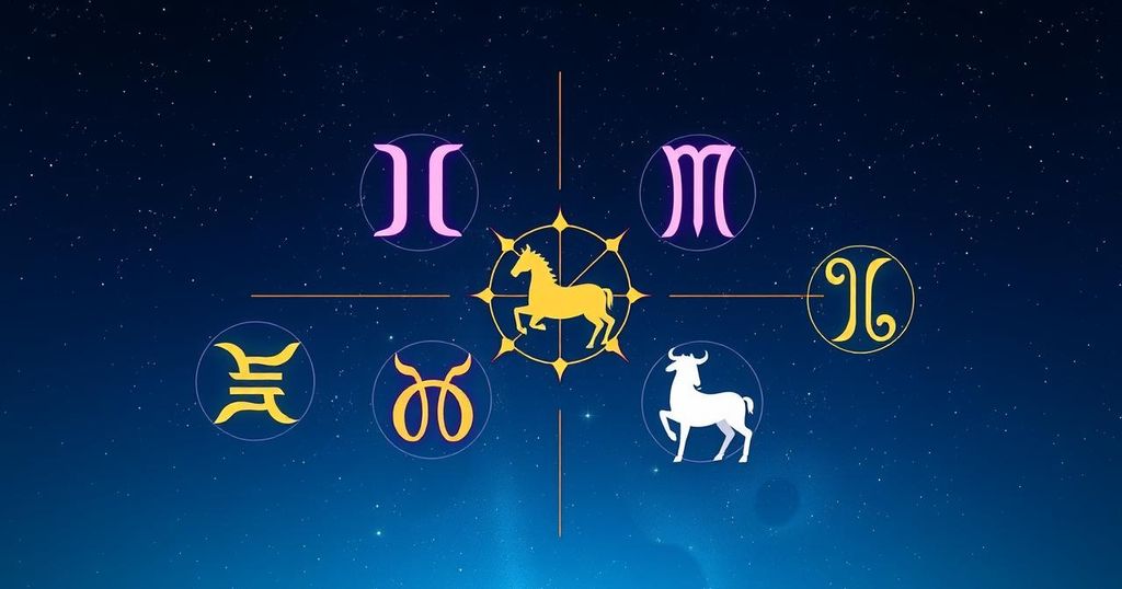 Astrological symbols on a cosmic background representing zodiac signs and their positive week ahead.