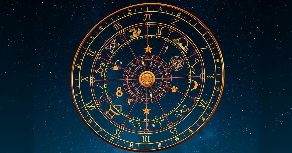 A zodiac wheel with constellations and celestial symbols, featuring a night sky of deep blues and golds.