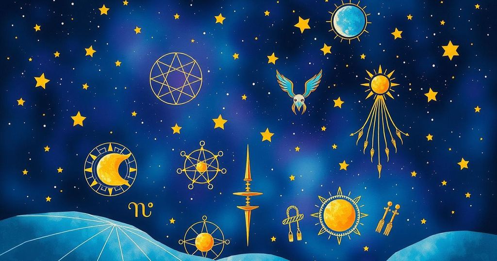 A vibrant celestial scene depicting astrological symbols against a starry night sky, reflecting personal growth and change.