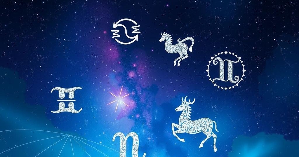 A starry night sky with constellations symbolizing zodiac signs, vibrant with mystical colours and glowing stars.
