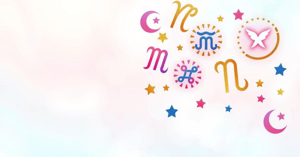 A cosmic scene featuring zodiac symbols and astrological elements in soft pastels with gentle starry details.