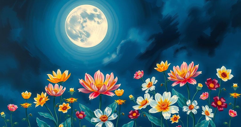 A serene night sky showcasing a full moon surrounded by blooming flowers, symbolising transformation and renewal.