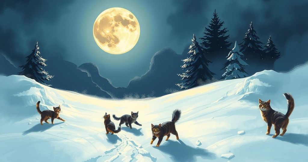 A serene snowy landscape under a glowing full moon, with playful cats frolicking, evoking warmth and joy.