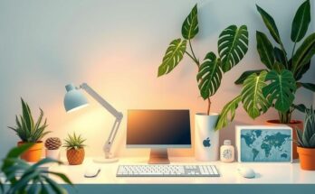 A tranquil workspace with plants and organized items, reflecting a focus on well-being and productivity.