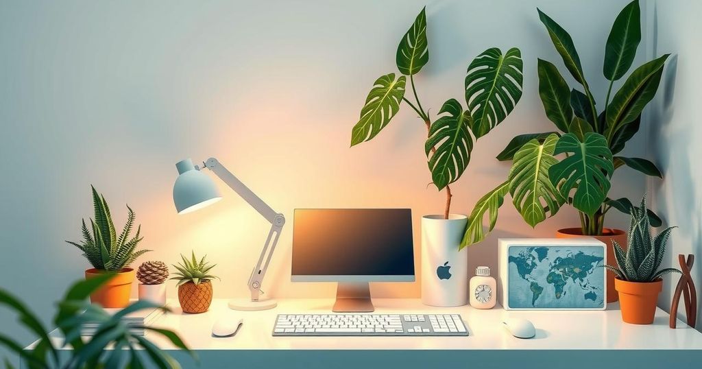 A tranquil workspace with plants and organized items, reflecting a focus on well-being and productivity.