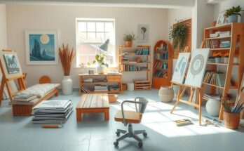 A serene scene capturing a creative atmosphere with art supplies, pastel colours, and gentle sunlight, inspiring calmness.