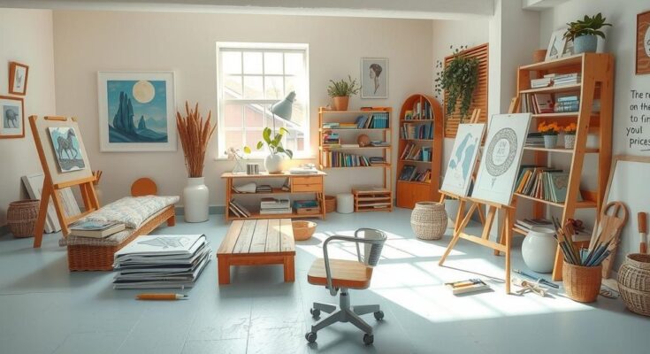 A serene scene capturing a creative atmosphere with art supplies, pastel colours, and gentle sunlight, inspiring calmness.