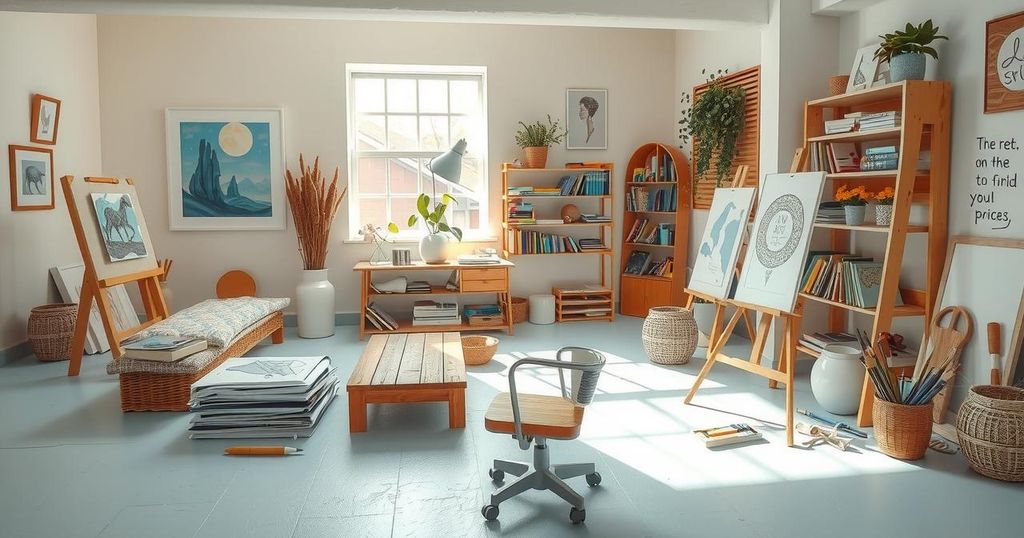 A serene scene capturing a creative atmosphere with art supplies, pastel colours, and gentle sunlight, inspiring calmness.