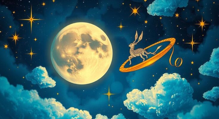Virgo Moon and Jupiter in Gemini creating an astrological concept with stars and celestial bodies in blue and gold hues.