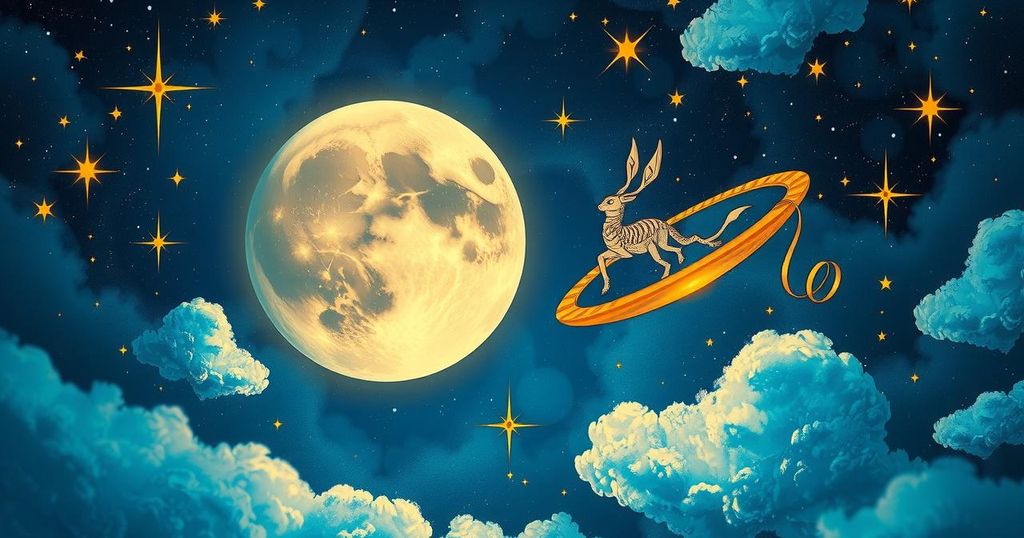 Virgo Moon and Jupiter in Gemini creating an astrological concept with stars and celestial bodies in blue and gold hues.