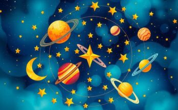 Astrological symbols of zodiac signs with celestial backgrounds and vibrant colours depicting love and fate theme.