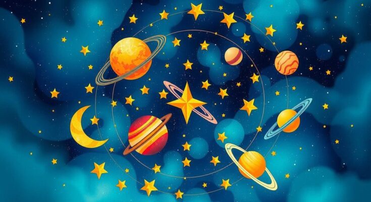 Astrological symbols of zodiac signs with celestial backgrounds and vibrant colours depicting love and fate theme.