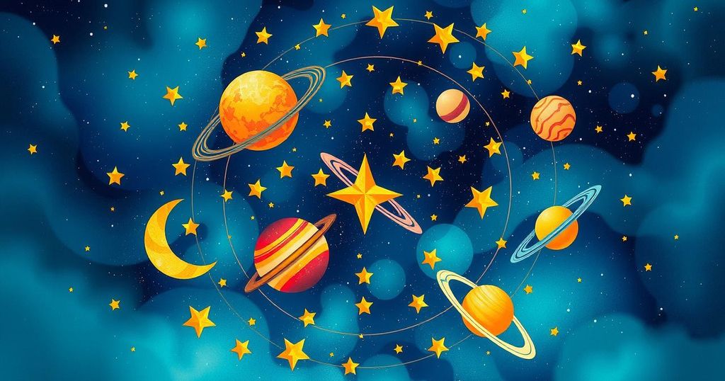 Astrological symbols of zodiac signs with celestial backgrounds and vibrant colours depicting love and fate theme.